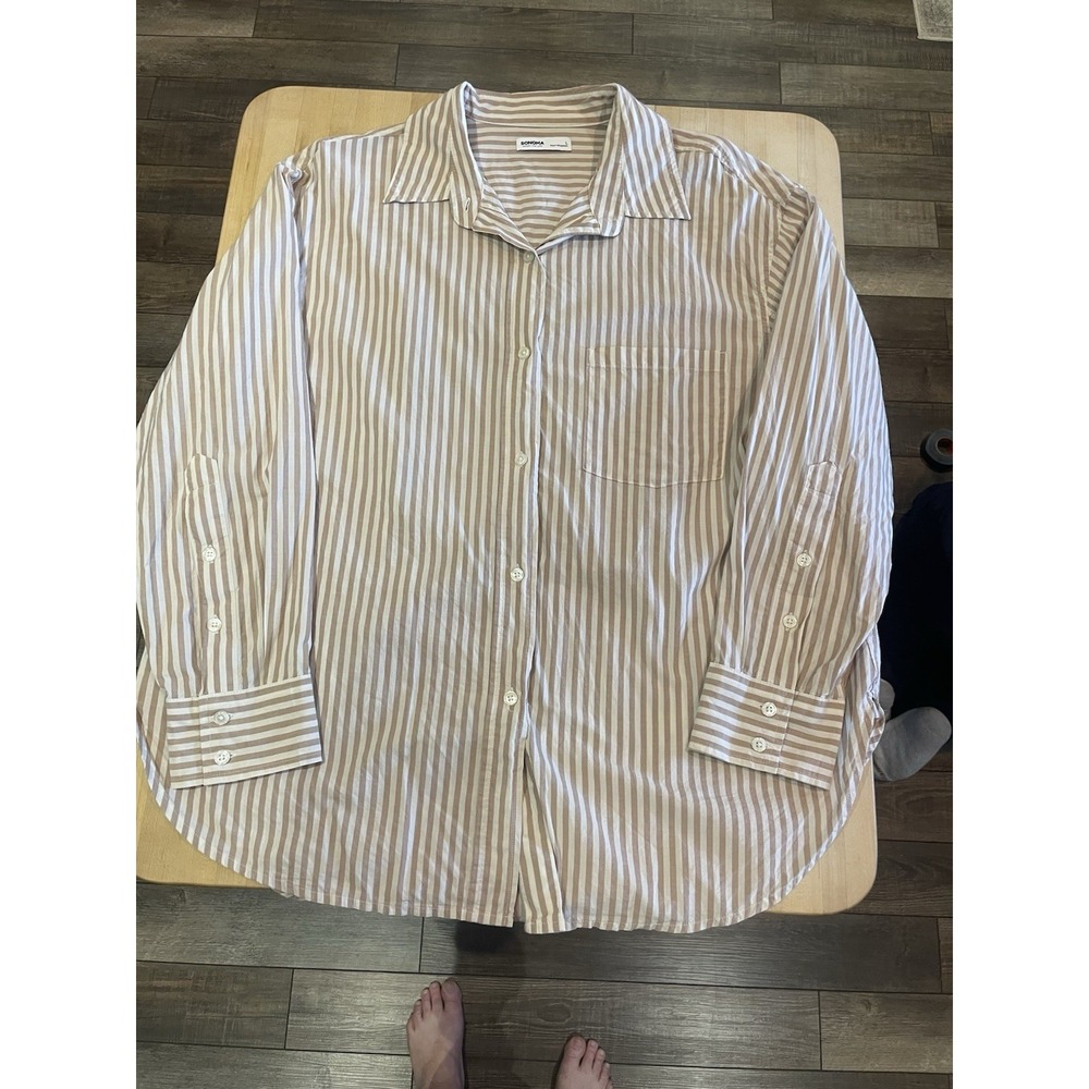 Sonoma Tan & White Stripe Button Up Shirt Large 100% Cotton Lightweight Y2K 90s